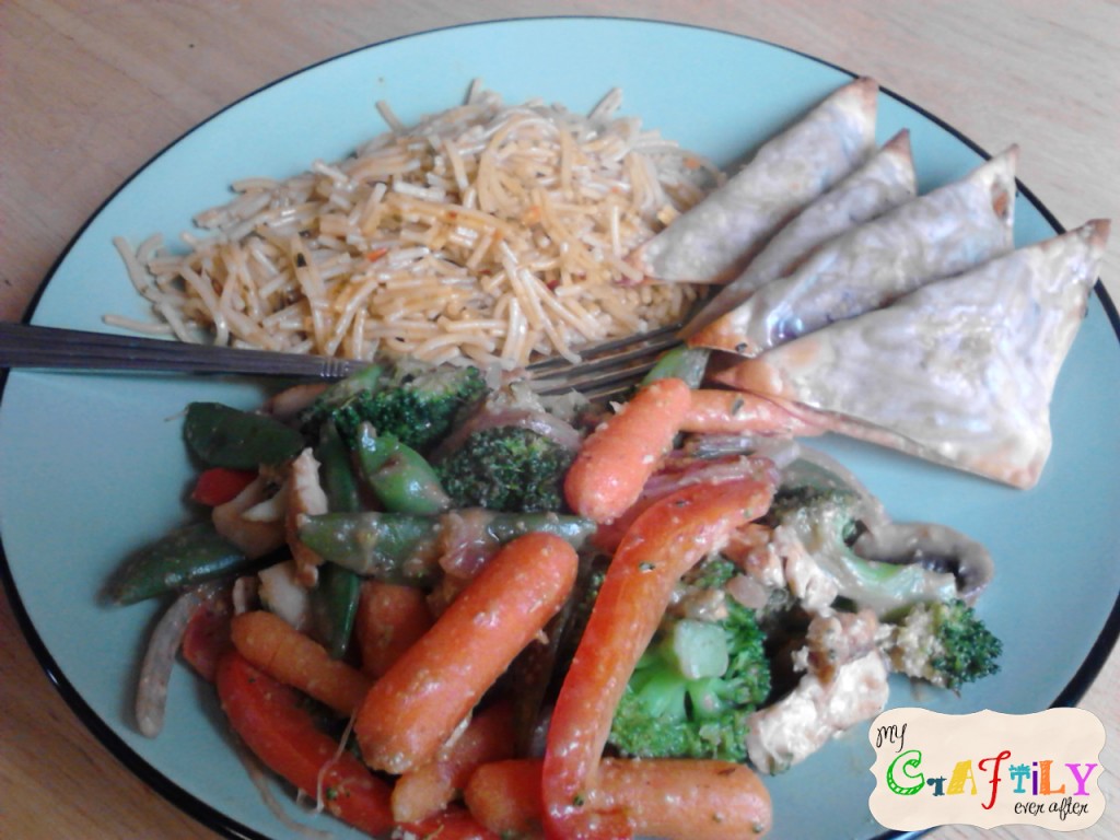 Veggie Stir Fry with Peanut Sauce and Baked Won-Tons