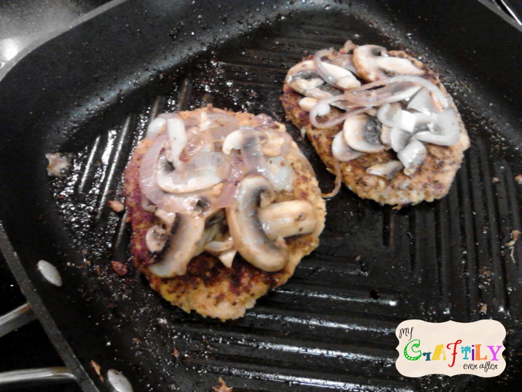 homemade veggie burgers with sauteed mushrooms and onions