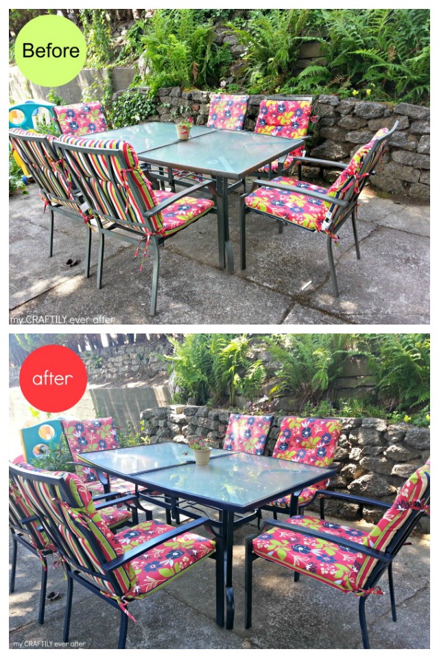 before and after of a spray painted patio table