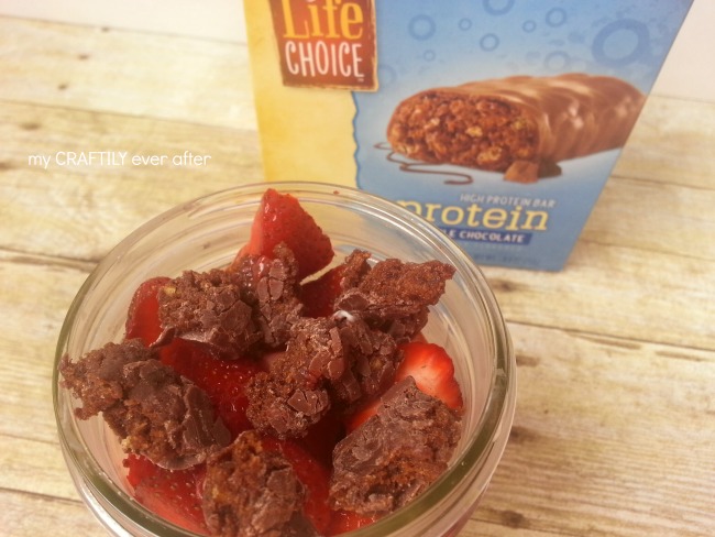Double chocolate and strawberry parfait with Life Choice protein bars.  #shop #barnutrition