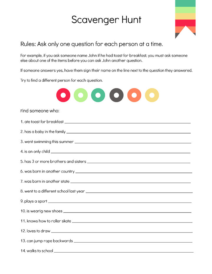 Colorful first day of school scavenger hunt. Great for breaking the ice or getting to know new students. Based on the Responsive Classroom framework!