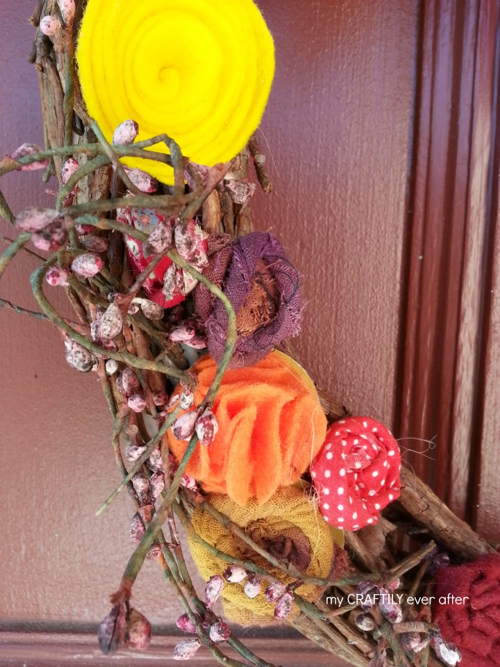 fabric flowers on a fall wreath