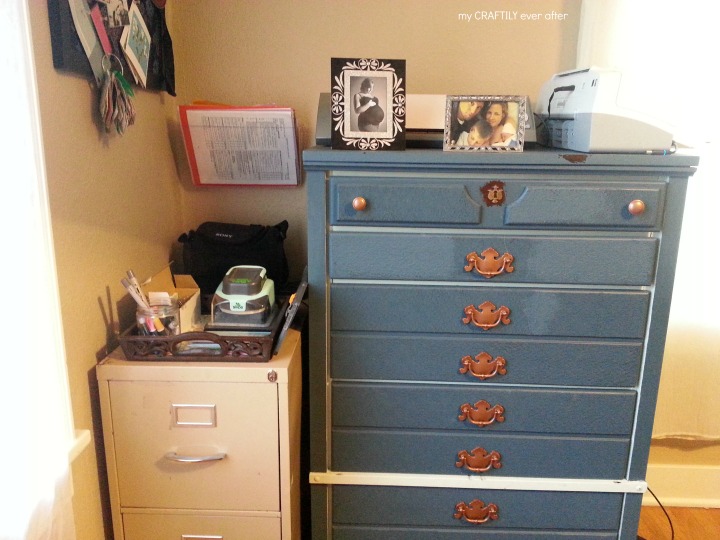 madeover dresser from sewing supplies with storage on top