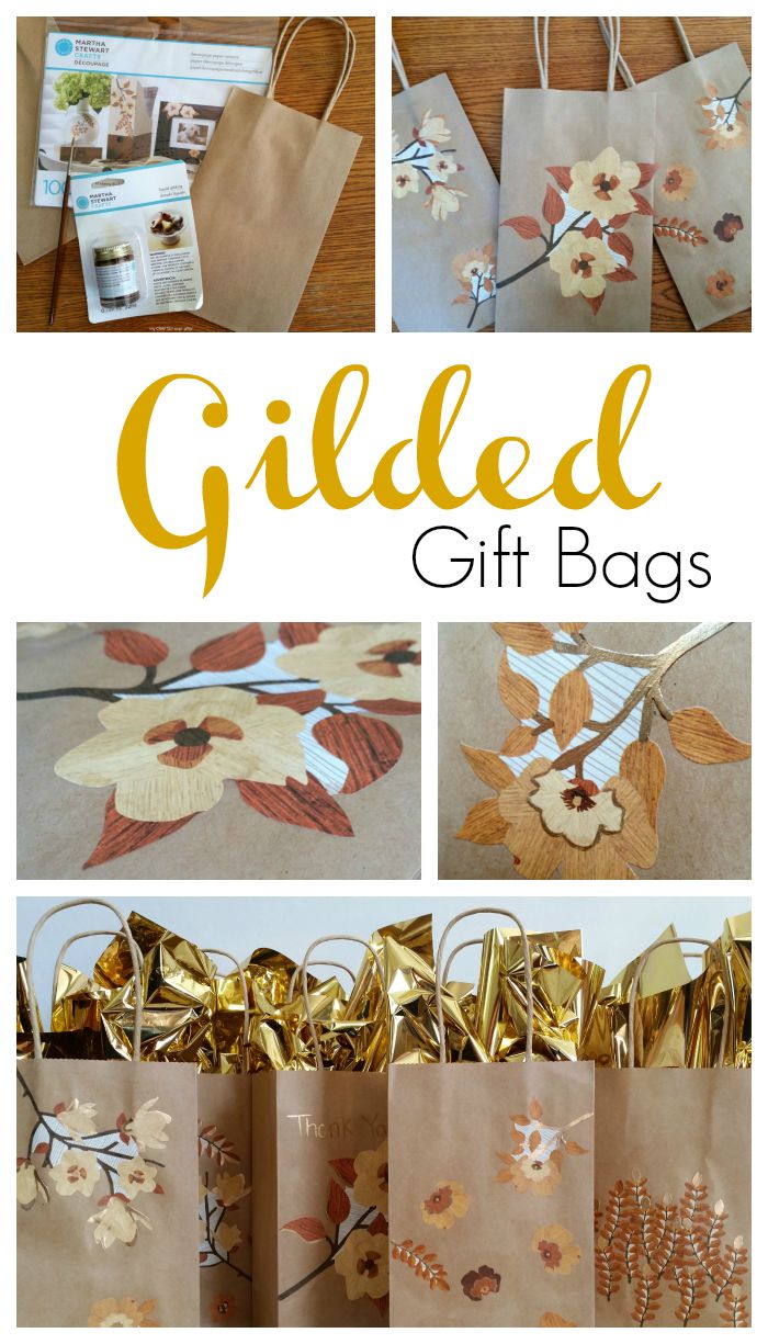 gold gilded and decoupaged gift bags